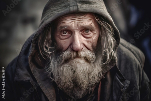 Fototapeta Poor beggar homeless man on a city street. The social problem of hunger and unemployment. AI generated.