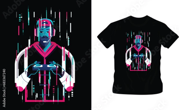 Obraz Stylish t-shirt and apparel trendy design with glitchy gamepad, typography, print, vector illustration. Global swatches.