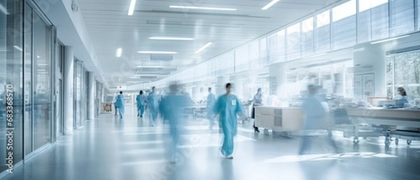 Fototapeta A motion blurred photograph of a hospital interior, doctor and staff working with fast movement