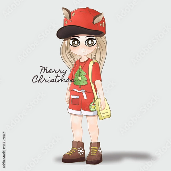 Obraz Girl wearing a reindeer hat and christmas outfit