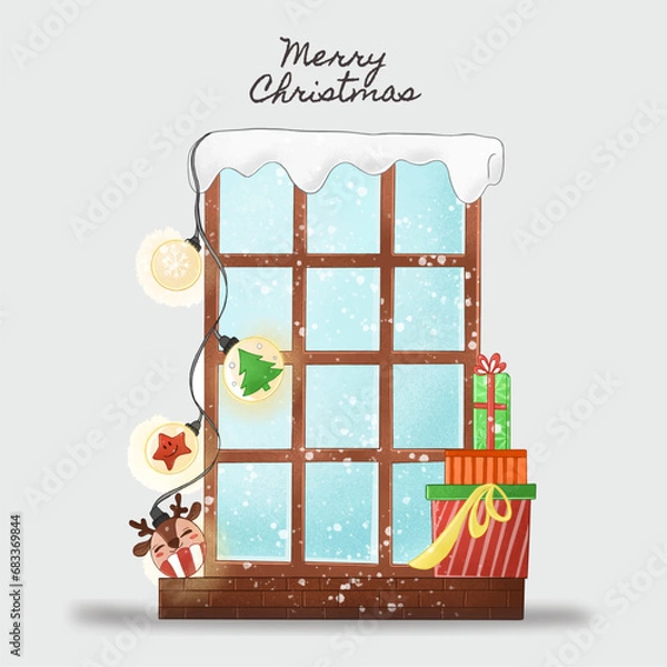 Obraz House window with gift boxes and christmas lights