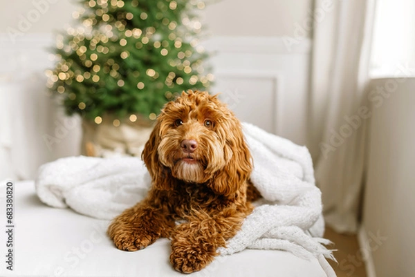Fototapeta Close up portrait of a young brown labradoodle dog is proudly sitting in front a decorated christmas tree. Cute puppy play at home, new year decorated interior.