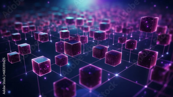 Fototapeta Abstract, blockchain and online storage technology for data, security and network connection. Neon, glow and purple squares on black background illustration for matrix, metaverse and cyberspace