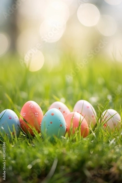 Fototapeta Colorful easter eggs in grass. Happy easter background.