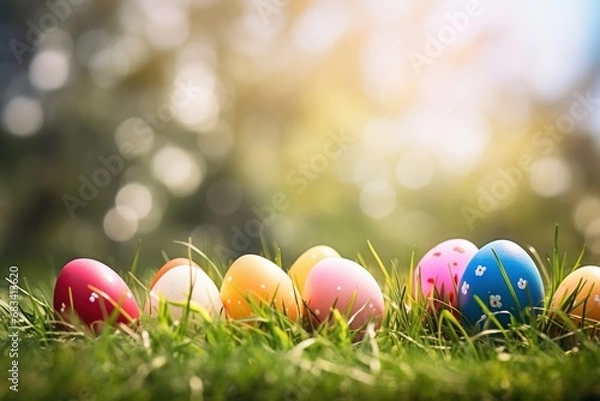 Fototapeta Colorful easter eggs in grass. Happy easter background.