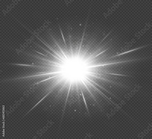 Fototapeta Shining white star isolated on black background. The star burst with brilliance. Glow effect.