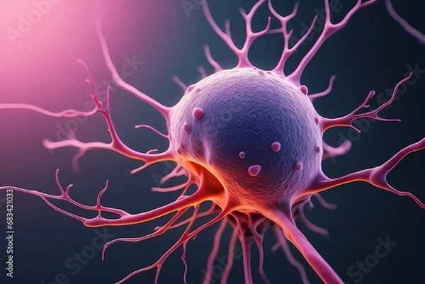 Fototapeta 3D rendering of microscopic human and cancer cells on science day background