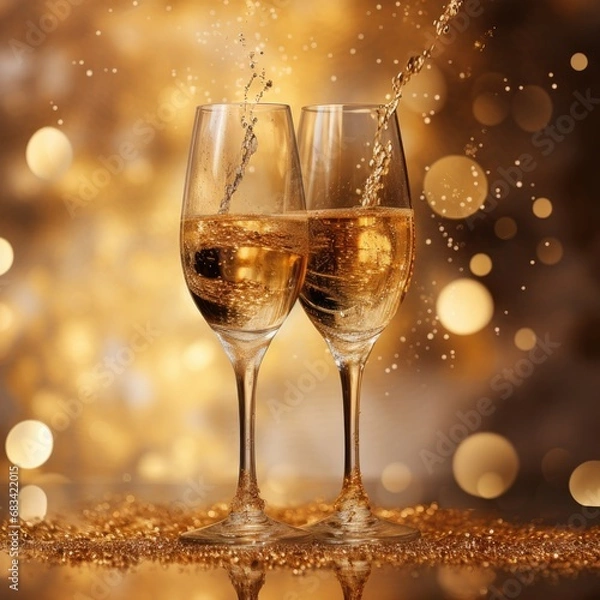 Fototapeta Champagne glasses ready for New Year's celebrations. Balloons and confetti in the background. Generative AI.