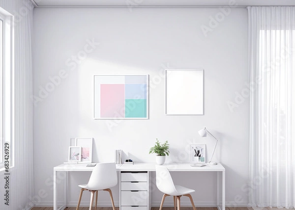 Fototapeta A minimalist with clean lines, bright room, pastel colors, this modern indoor space. 