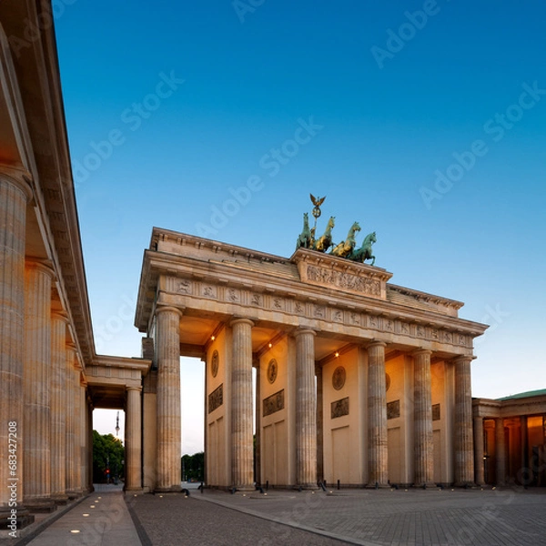 Fototapeta Brandenburg Gate in Berlin, Germany with illumination, copy-space on dark blue sky