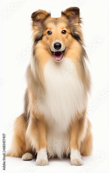 Obraz Shetland Sheepdog sitting and looking at the camera in front isolated of a white background