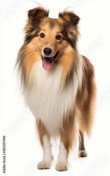 Fototapeta Shetland Sheepdog standing and looking at the camera in front isolated of a white background