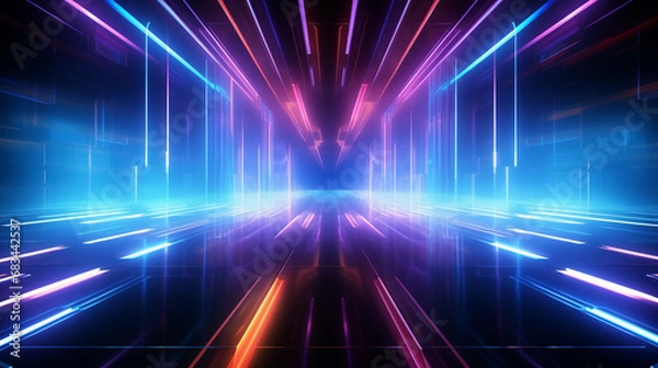 Fototapeta Abstract technology futuristic glowing neon blue and pink light lines with speed motion movingon dark blue background
