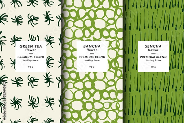 Fototapeta Vector illustration set of templates contemporary abstract cover and patterns for green tea packaging with labels. Minimal modern backgrounds