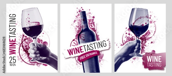 Obraz Wine design templates. Creative collage with wine glass, wine bottle and red wine stains. Vector illustration.
