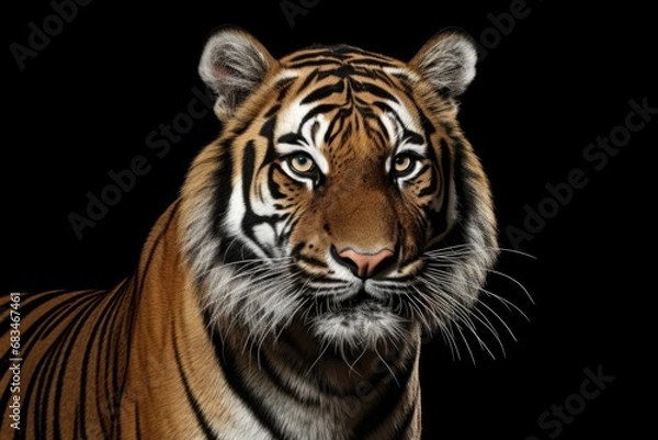 Fototapeta A close-up photograph of a tiger's face with intense eyes and sharp teeth, captured against a black background.