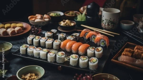 Fototapeta Table full of assortment different types of sushi rolls and seafood. Ready for  Asian Japanese food party.  