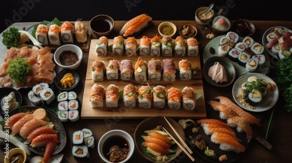 Fototapeta Table full of assortment different types of sushi rolls and seafood. Ready for  Asian Japanese food party.  
