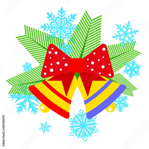 Fototapeta Christmas golden bells with a bow and fir branches on a white background with snowflakes. Design element for greeting cards, home decor, wrapping paper, wallpaper, banners, labels