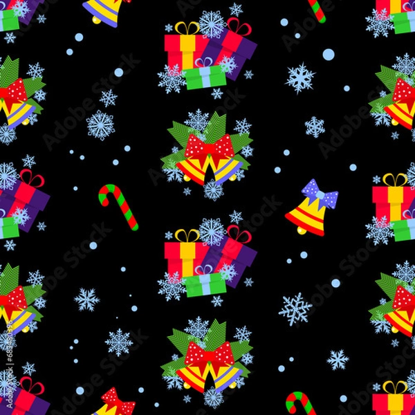 Fototapeta Festive seamless pattern on a black background with elements of Christmas and New Year decorations, bells, gifts, snowflakes. Design for clothes, cards, textiles, fabrics, wallpapers, wrapping