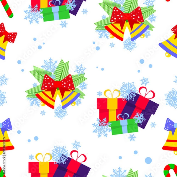 Fototapeta Christmas seamless pattern with traditional holiday bells and gifts on a white background. Design element for clothes, cards, textiles, fabrics, wallpapers, wrapping paper
