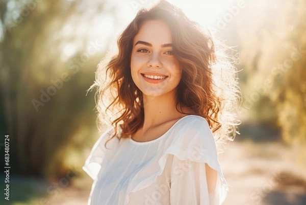 Fototapeta Beautiful young woman smiling and enjoying sun rays outside with natural background, gorgeous portrait of female looking happy