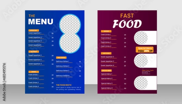 Fototapeta Set of delicious food sale poster menu for promotional restaurant flyer brochure with editable photo background template design.
