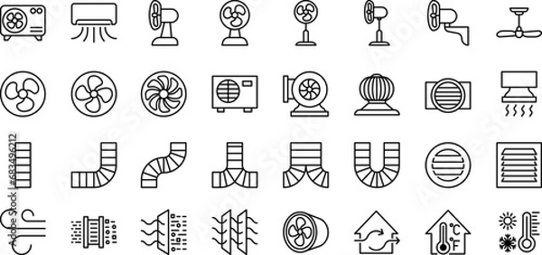 Obraz Ventilation equipment line icons. Air conditioning, cooling appliances, exhaust fan. Household and industrial ventilator thin linear signs for store.