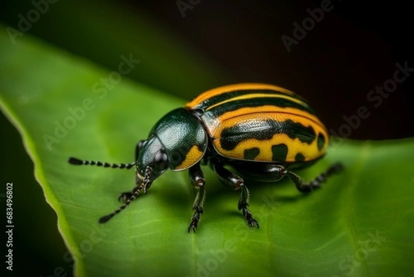 Fototapeta Colorado beetle on green leaf. Insect animal striped damage bug. Generate Ai
