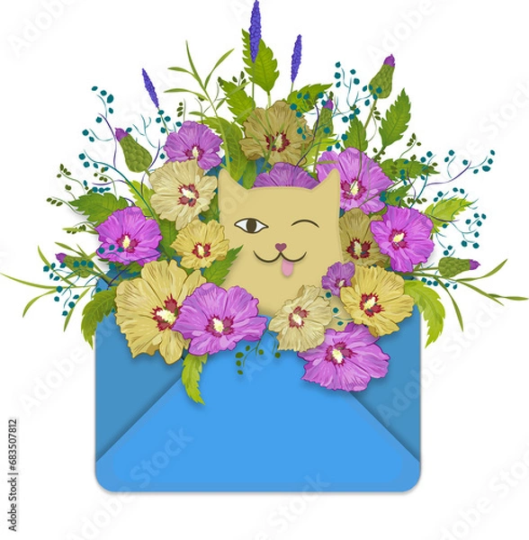 Obraz Envelope with a bouquet of flowers and a funny cat