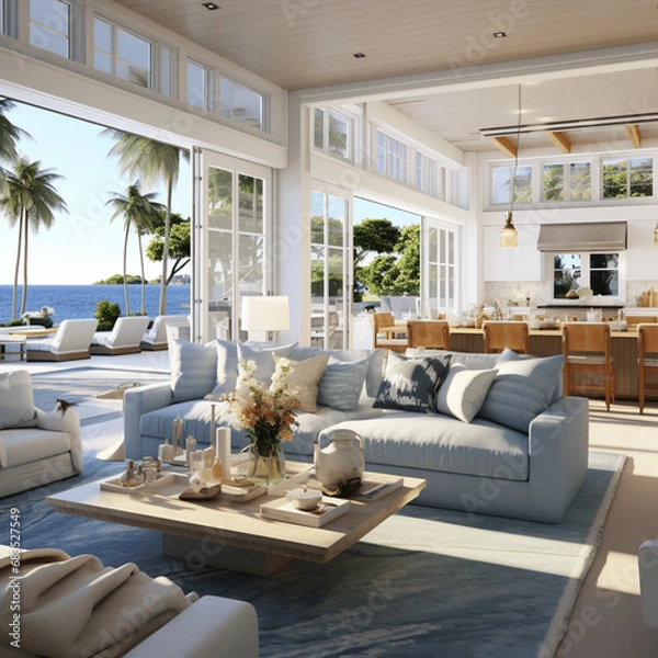 Fototapeta Innenarchitektur eines modernen Wohnzimmers im Küstenstil, helles modernes Wohnzimmer an der Küste mit grossen Fenstern