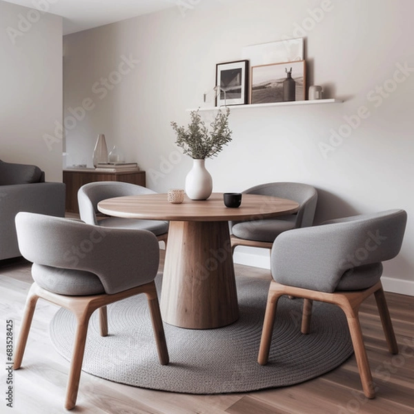 Fototapeta Graue Fassstühle am runden Esstisch aus Holz. Skandinavisches rustikales Innendesign eines modernen Wohnzimmers