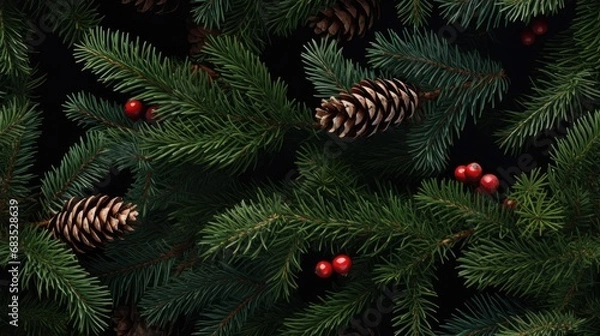 Fototapeta Christmas background by generating an overhead shot of spruce and thuja branches, accentuated with cones, to convey the joyous spirit of the holiday season. SEAMLESS PATTERN. SEAMLESS WALLPAPER.