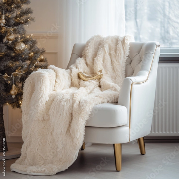 Fototapeta Elfenbeinfarbener Kuschelstuhl mit Felldecke neben einem geschmücktem Weihnachtsbaum. Winter Ferienhaus eines modernen Wohnzimmers