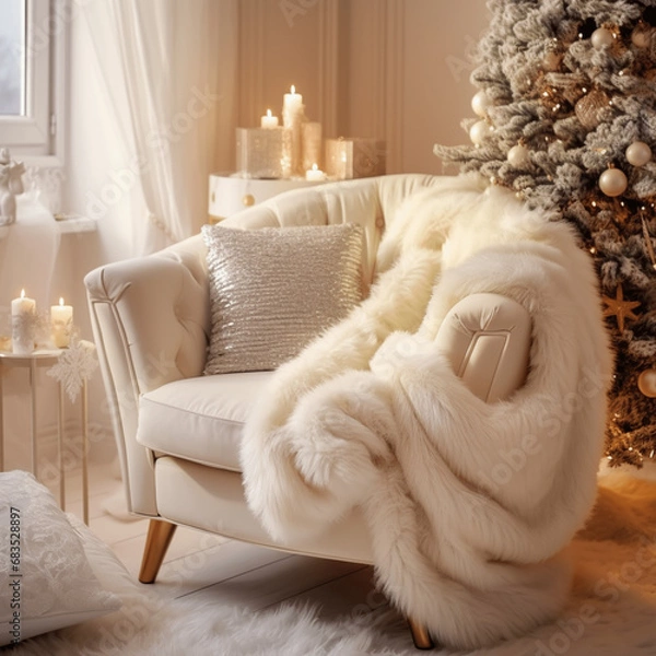 Fototapeta Elfenbeinfarbener Kuschelstuhl mit Felldecke neben einem geschmücktem Weihnachtsbaum. Winter Ferienhaus eines modernen Wohnzimmers