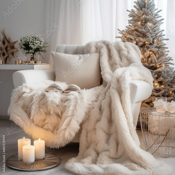 Fototapeta Elfenbeinfarbener Kuschelstuhl mit Felldecke neben einem geschmücktem Weihnachtsbaum. Winter Ferienhaus eines modernen Wohnzimmers