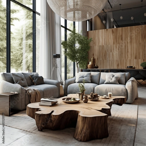 Fototapeta Couchtisch mit Live-Edge-Akzent zwischen zwei Sofas am Kamin, skandinavisches Innendesign eines modernen Wohnzimmers in einem Haus im Wald.