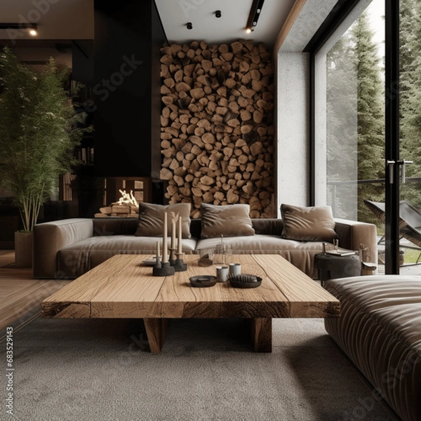 Fototapeta Couchtisch mit Live-Edge-Akzent zwischen zwei Sofas am Kamin, skandinavisches Innendesign eines modernen Wohnzimmers mit grossen hellen Fenstern in einem Haus im Wald.