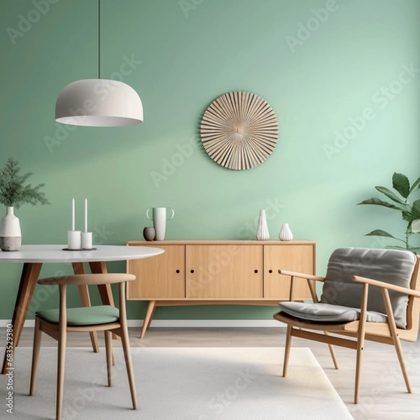 Fototapeta Mintfarbende Stühle am runden Esstisch aus Holz im Zimmer mit einem Sofa in der Nähe der grünen Wand. Skandinavisches Innendesign mit modernem Wohnzimmer