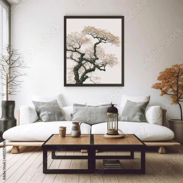 Fototapeta Quadratischer Couchtisch neben weißem Sofa und rustikale Schränke vor weißer Wand mit leeren Posterrahmen. Japanische Innenarchitektur eines modernen Wohnzimmers