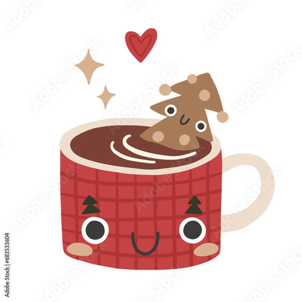 Fototapeta Cute Christmas mug of cocoa and Christmas tree cookies. Merry Christmas and Happy new year illustration for advent calendar. Cute winter vector illustration.