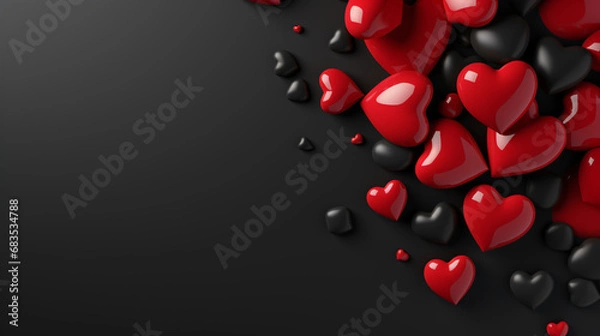 Fototapeta a mockup for Valentine's Day with a black blank card and a red heart. background for congratulations, copy space. a bright holiday card.