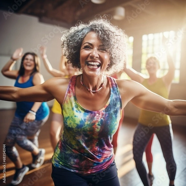 Fototapeta Middle-aged women enjoying a joyful dance class, candidly expressing their active lifestyle through Zumba with friends - Generative AI