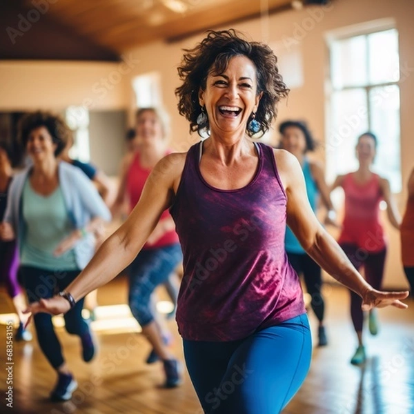 Fototapeta Middle-aged women enjoying a joyful dance class, candidly expressing their active lifestyle through Zumba with friends - Generative AI