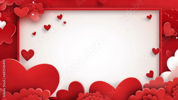Fototapeta Decorative card template. White background with red hearts and clouds with 3D texture.