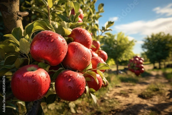 Fototapeta An orchard scene with apple trees laden with crisp apples, symbolizing the harvest season and the abundance of fresh, locally grown fruits. Generative Ai.