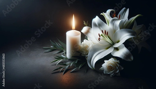 Fototapeta Beautiful lily and burning candle on dark background with space for text. Funeral white flowers
