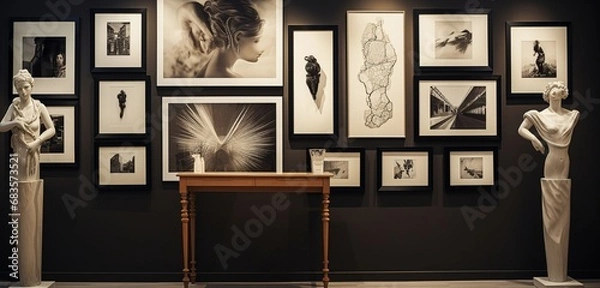 Fototapeta Decorate a wall with artistic prints and wall sculptures. Photograph it from an angle that highlights the art pieces.
