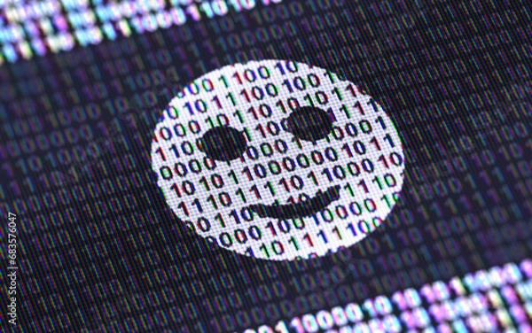 Fototapeta Smile icon. Binary code ( array of bits ) in the screen. 3D Illustration.