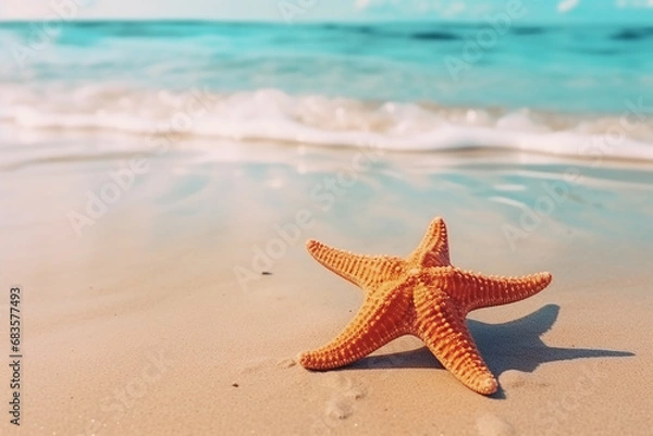 Fototapeta Starfish on Sandy Beach in Crystal Clear Sea Water - Coastal Serenity, Created with Generative AI Tools